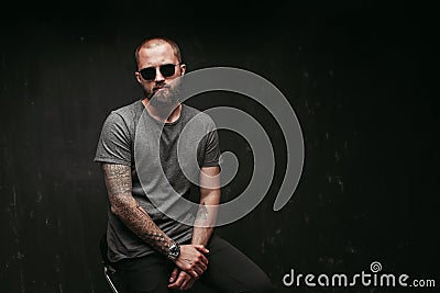 Portrait of a handsome balded man with long well trimmed beard wearing sunglasses and grey shirt looking at camera Stock Photo