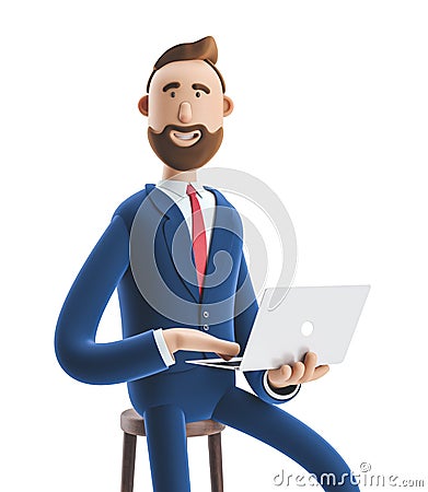 3d illustration. Portrait of a handsome businessman with laptop. Cartoon Illustration