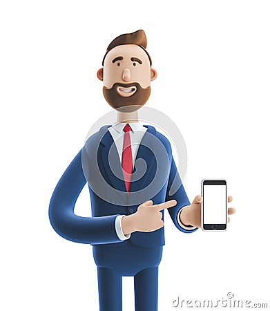 3d illustration. Portrait of a handsome businessman with mobile phone Cartoon Illustration