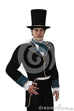 Portrait of a handsome caucasian man with dark hair in Regency styled costume with top hat. 3D rendering isolated on white with Cartoon Illustration