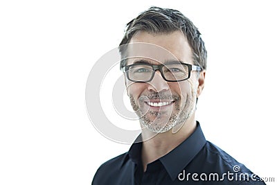 Portrait Of A Handsome Man Smiling At The Camera. Isolated On White. With Glasses. Stock Photo