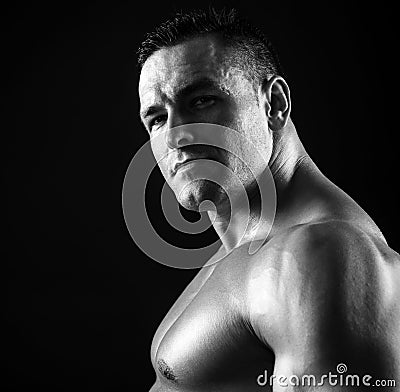 Portrait of handsome naked man. Brutal male. Bare torso chest. Stock Photo