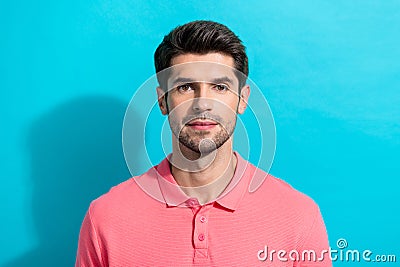 Portrait handsome person young guy in pink t shirt prepared tidy before first day on new job at office isolated over Stock Photo