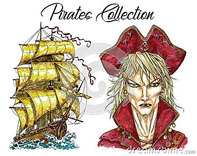 Portrait of handsome pirate captain and old ship Cartoon Illustration