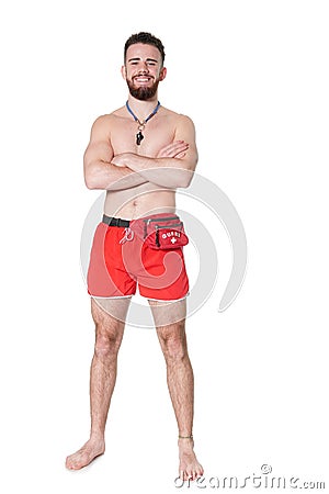 Portrait of handsome young lifeguard, isolated on white background, ho Stock Photo