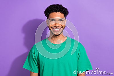 Portrait of handsome youth dude guy person bleaching white teeth wear hipster clothes isolated purple pastel color Stock Photo