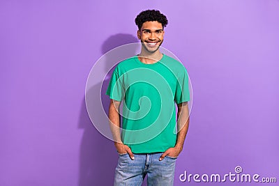Portrait of handsome youth guy person wear sale offer clothes fashion model photographing isolated purple pastel color Stock Photo