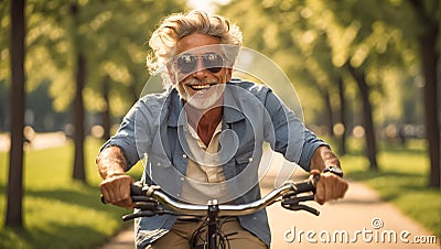 Portrait of a happy adult man riding a bicycle in the park outdoors Stock Photo