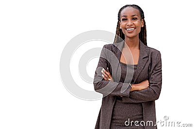 Portrait of a happy African American female company leader, CEO, boss, executive, isolated on white background Stock Photo