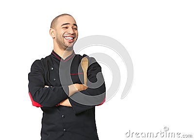 Portrait of happy Afro American professional cook isolated. Stock Photo