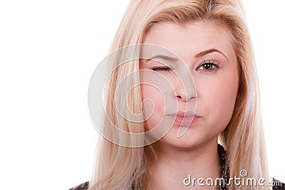 Portrait of happy blonde, charming winking woman Stock Photo