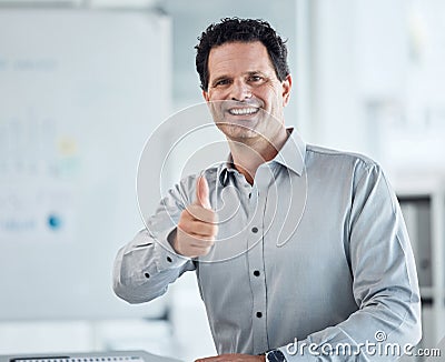 Portrait of happy business man with thumbs up or smile for good work and congrats on job promotion success. Yes or Stock Photo