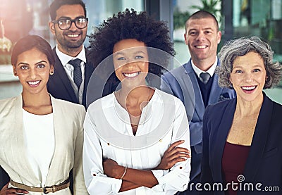 Portrait, happy business people and global teamwork for collaboration, corporate pride and motivation. Group Stock Photo