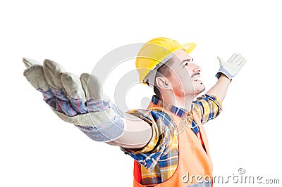 Portrait of happy constructor with arms wide open celebrating success Stock Photo