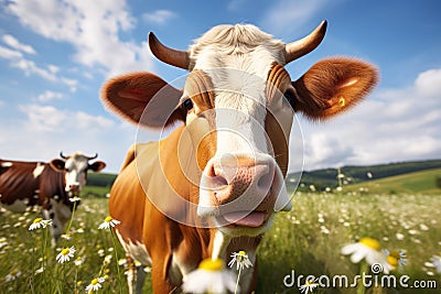 Portrait of a happy cow in the meadow Stock Photo