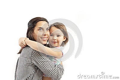 Portrait of happy daughter embraces her mother, isolated on white background Stock Photo
