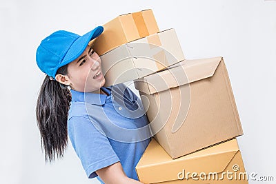 Portrait of happy delivery asian woman her hands holding cardboard box Stock Photo