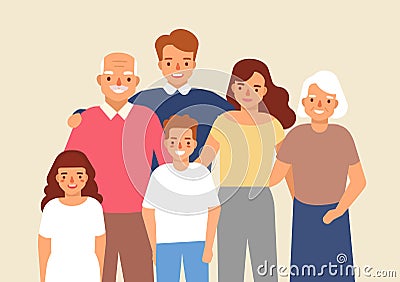 Portrait of happy family with grandfather, grandmother, father, mother, child girl and boy standing together. Cute funny Vector Illustration