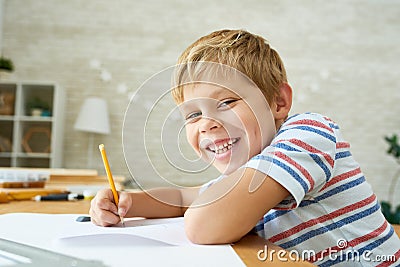 Happy Little Boy Doing Homework Stock Photo