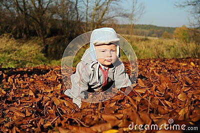 Portrait of happy little boy playing with yellow autumn leafs at natural outdoors park background Stock Photo