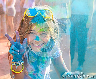 Portrait of happy litttle girl on holi color festival Stock Photo