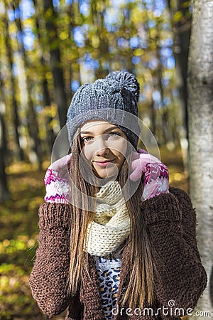 Portrait of happy lovely teenage girl in the forest, Stock Photo