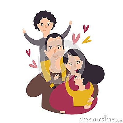 Portrait of happy loving family. Smiling dad, mom, and two sons. Joyful father, mother and pair of kids. Parents and Vector Illustration