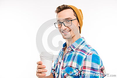 Portrait of a happy man with glasses cocktail and hat Stock Photo