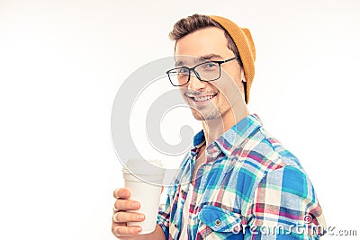 Portrait of a happy man with glasses cocktail and hat Stock Photo