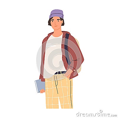 Portrait of happy modern man in trendy casual clothing. Smiling university student with book and backpack. Colored flat Vector Illustration