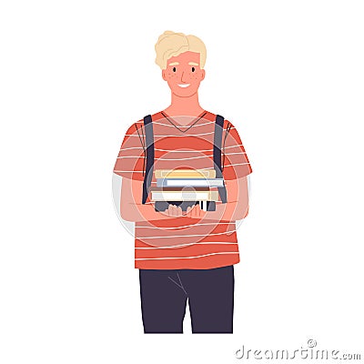 Portrait of happy modern student holding pile of books from library. Smiling Scandinavian man. Colored flat vector Vector Illustration