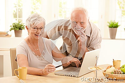 Portrait of happy old couple shopping online Stock Photo