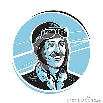 Portrait of happy pilot in cap. Aviator, airman label or logo. Mascot vector illustration Vector Illustration