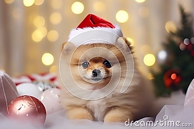 Portrait of happy Pomeranian in a red Santa hat. Cute dog on New Year's background. Close-up. Stock Photo