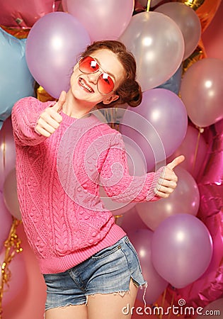 Portrait of happy redhair woman waiting for party. Stock Photo