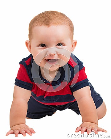 Portrait of happy smiling baby boy crawling Stock Photo