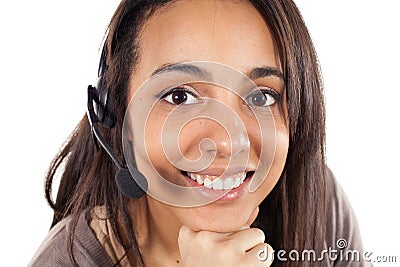 Portrait of happy smiling cheerful support phone operator Stock Photo