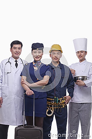 Portrait of Happy and Smiling Doctor, Air Stewardess, Construction Worker, and Chef- Studio Shot Stock Photo