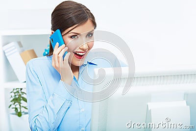 Portrait of happy surprised business woman on phon Stock Photo