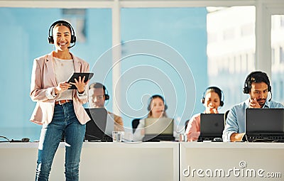 Portrait of happy woman, call center or manager with tablet in customer service or telemarketing. Contact, leader or Stock Photo