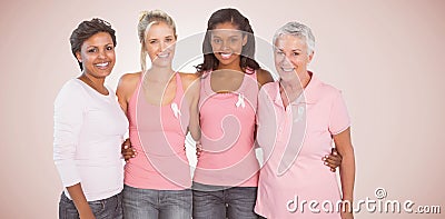 Composite image of portrait of happy women supporting breast cancer social issue Stock Photo