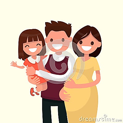 Portrait of a happy young family. Dad, daughter and pregnant mot Cartoon Illustration