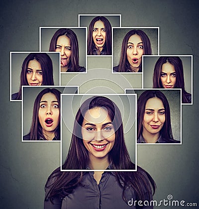 Happy masked woman expressing different emotions Stock Photo