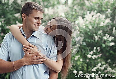 Portrait of happy young smiling couple in love and having fun Stock Photo