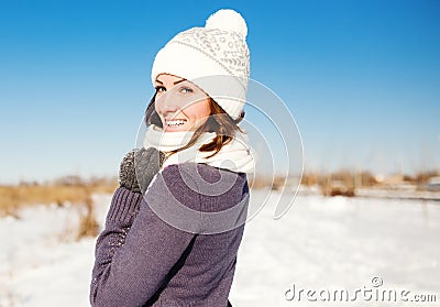 Portrait of happy young woman have fun at winter Stock Photo