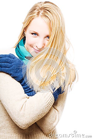 Portrait of a happy young woman in a warm gloves Stock Photo