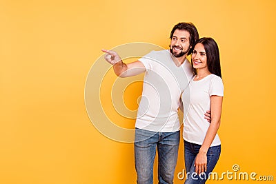 Portrait of her she his he nice charming attractive lovely cheerful people married spouses pointing far away day dream Stock Photo