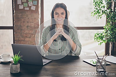 Portrait of her she nice attractive confident cheerful lady successful shark expert researcher recruiter looking for new Stock Photo