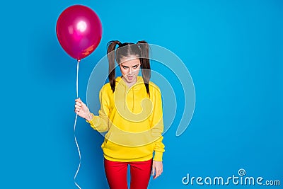 Portrait of her she nice attractive creepy spooky scary horrible brown-haired girl holding in hand helium ball grimacing Stock Photo