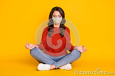 Portrait of her she nice attractive dreamy focused wavy-haired girl sitting in lotus position meditating isolated on Stock Photo